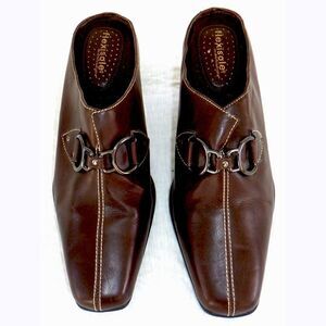 Flexisole buckled brown slide heeled mule